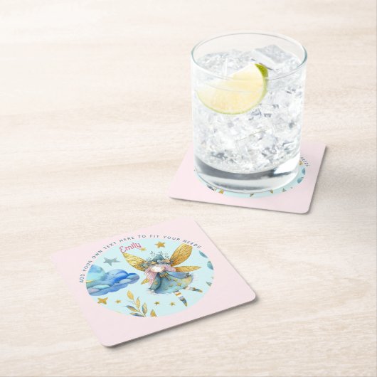 フェアリー誕生日ティール（緑がかった色）金ゴールドピンクプリンセスフェアリータリー スクエアペーパーコースター (インサイチュ)