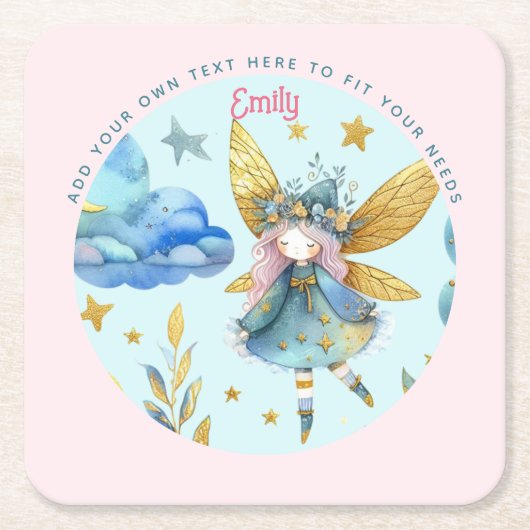 フェアリー誕生日ティール（緑がかった色）金ゴールドピンクプリンセスフェアリータリー スクエアペーパーコースター (正面)
