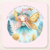フェアリー誕生日ティール（緑がかった色）金ゴールドピンクプリンセスフェアリータリー スクエアペーパーコースター (正面)