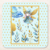 フェアリー誕生日ティール（緑がかった色）金ゴールドピンクプリンセスフェアリータリー スクエアペーパーコースター (正面)