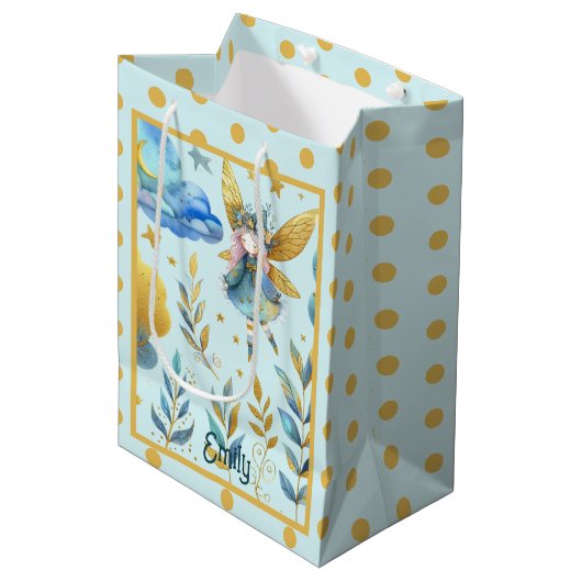 フェアリー誕生日ティール（緑がかった色）金ゴールドピンクプリンセスフェアリータリー ミディアムペーパーバッグ (正面アングル)