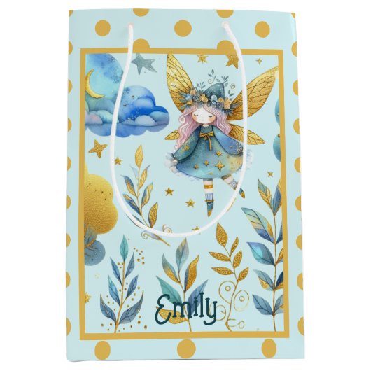 フェアリー誕生日ティール（緑がかった色）金ゴールドピンクプリンセスフェアリータリー ミディアムペーパーバッグ (正面)