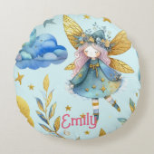 フェアリー誕生日ティール（緑がかった色）金ゴールドピンクプリンセスフェアリータリー ラウンドクッション (正面)