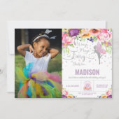 フェアリー誕生日パープルフローラシルバーグリッターフォト 招待状 (正面)