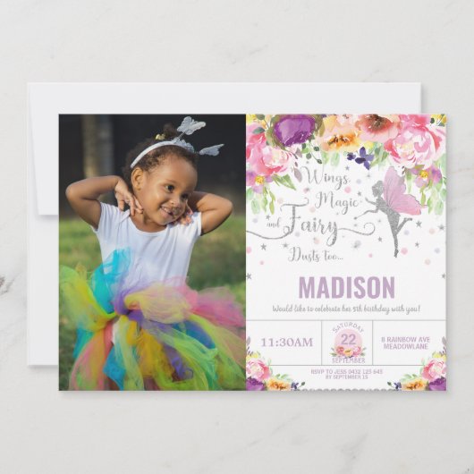 フェアリー誕生日パープルフローラシルバーグリッターフォト 招待状 (正面)