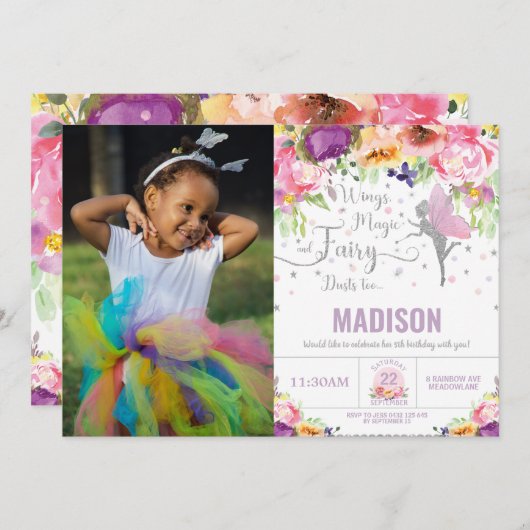 フェアリー誕生日パープルフローラシルバーグリッターフォト 招待状 (正面/裏面)