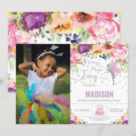 フェアリー誕生日パープルフローラシルバーグリッターフォト 招待状