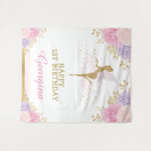 フェアリー誕生日ピンクパープルフローラパーティーの背景 タペストリー (正面(横))