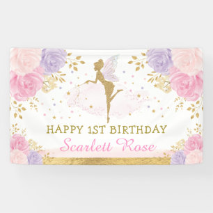 フェアリー誕生日ピンクパープル金ゴールド魔法パーティー 横断幕