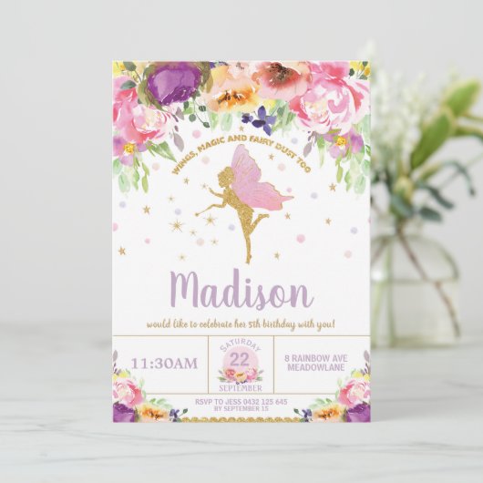 フェアリー誕生日招待状パープルフローラお洒落 招待状 (スタンド正面)