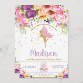 フェアリー誕生日招待状パープルフローラお洒落 招待状 (正面/裏面)