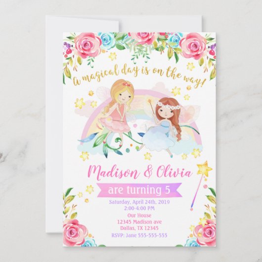 フェアリー誕生日招待状/ジョイントツインズパーティー 招待状 (正面)