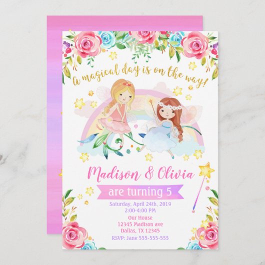 フェアリー誕生日招待状/ジョイントツインズパーティー 招待状 (正面/裏面)