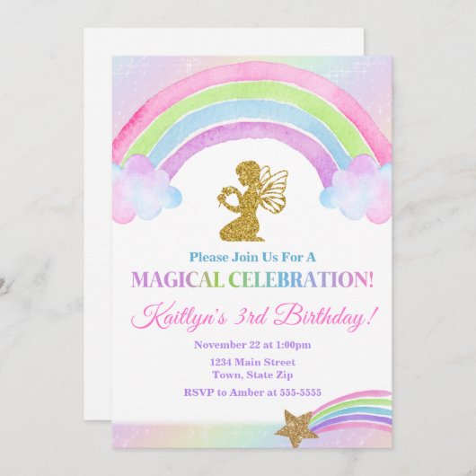 フェアリー誕生日招待状、レインボーフェアリーガール 招待状 (正面/裏面)
