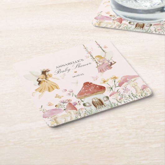 フェアリー赤ちゃんシャワーパーティードテーブルデコール スクエアペーパーコースター (アングル)
