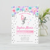 フェアリー1st誕生日 – シルバーティール（緑がかった色）パープルピンク 招待状 (スタンド正面)