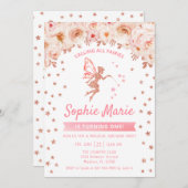 フェアリー1st誕生日 – バラ金ゴールドピンク 招待状 (正面/裏面)