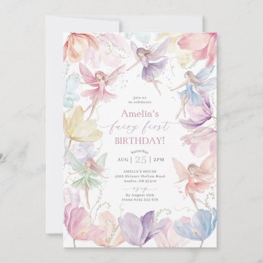 フェアリー1th誕生日レインボーフェアリー女の子 招待状 (正面)