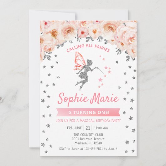 フェアリー1th誕生日 – シルバーピンク 招待状 (正面)