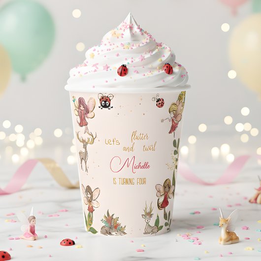 フェアリー・ガーデンの誕生日に羽ばたいてキラキラしよう 紙コップ