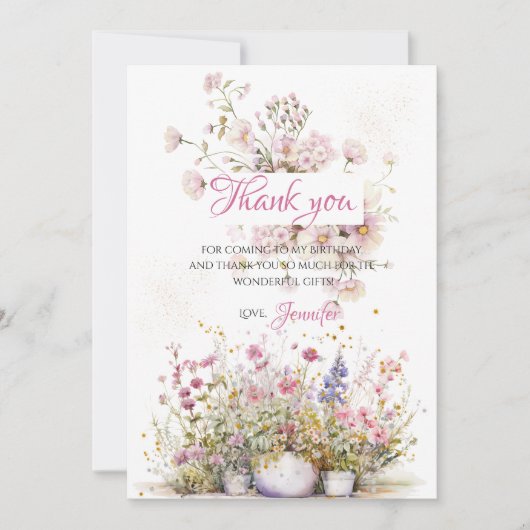 フェアリー ピンク ボタニカル フラワーの感謝カード サンキューカード (正面)