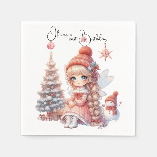 フェアリー・ファースト・ガールの1歳の誕生日 スタンダードカクテルナプキン (正面)