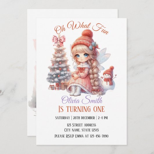 フェアリー・ファースト・ガールの1歳の誕生日 招待状 (正面/裏面)