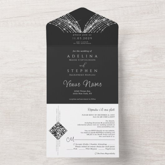 フェイエレガントアライト黒と白のQRコード結婚ズ オールインワン招待状 (内側)