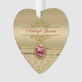 フェイクで暗いルビー色の赤い宝石用原石の金属金ゴールドのダマスク織 オーナメント (正面)