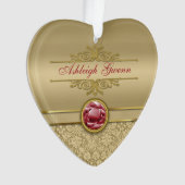 フェイクで暗いルビー色の赤い宝石用原石の金属金ゴールドのダマスク織 オーナメント (正面)