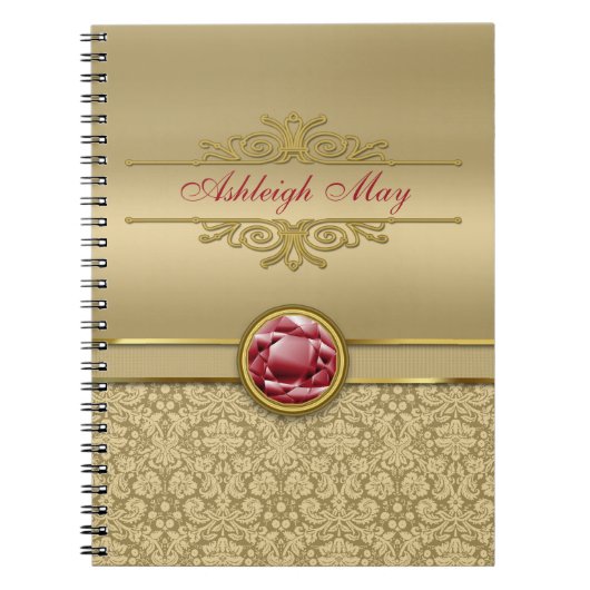 フェイクで暗いルビー色の赤い宝石用原石の金属金ゴールドのダマスク織 ノートブック (正面)