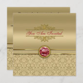 フェイクで暗いルビー色の赤い宝石用原石の金属金ゴールドのダマスク織 招待状 (正面/裏面)