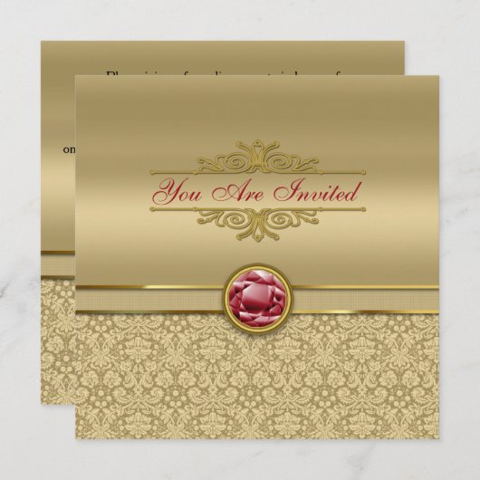 フェイクで暗いルビー色の赤い宝石用原石の金属金ゴールドのダマスク織 招待状 (正面/裏面)