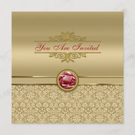 フェイクで暗いルビー色の赤い宝石用原石の金属金ゴールドのダマスク織 招待状