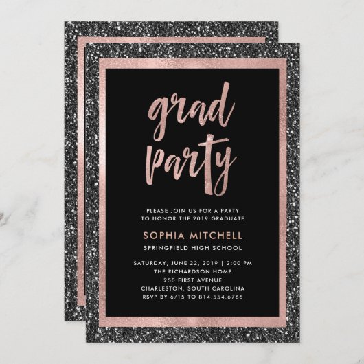 フェイクで黒いおよびばら色の金ゴールドのグリッターの卒業生のパーティーの写真 招待状 (正面/裏面)