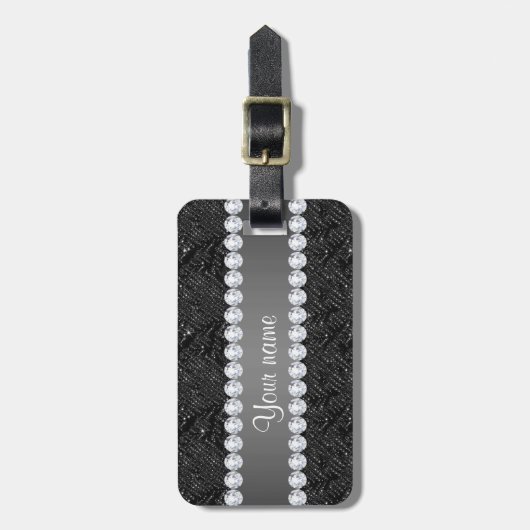 フェイクで黒いスパンコールの輝きおよびダイヤモンド ラゲッジタグ (正面縦)