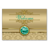 フェイクなエメラルドグリーンの宝石用原石の金属金ゴールドのダマスク織 テーブルナンバー (裏面)