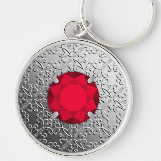 フェイクなガーネット宝石用原石が付いている銀製のダマスク織 キーホルダー (正面)
