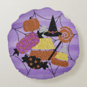 フェイクなグリッターのハロウィンキャンデーの蜘蛛の巣のコラージュ ラウンドクッション (裏面)