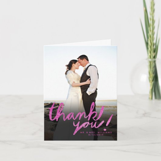 フェイクなグリッターのピンクのモダンな写真のサンキューカード サンキューカード (正面)