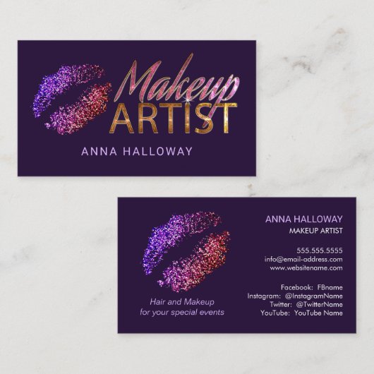 フェイクなグリッターの一見の唇のきらきら光るな文字のメーキャップアーティスト 名刺 (正面/裏面)