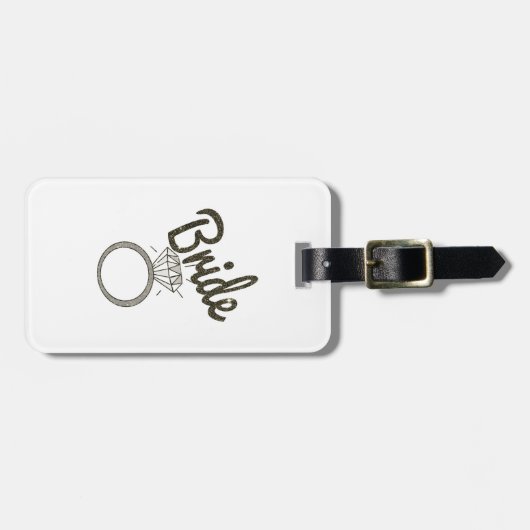 フェイクなグリッターの"花嫁"のタイポグラフィおよびダイヤモンド指輪 ラゲッジタグ (正面横)