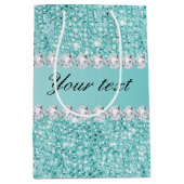 フェイクなティール（緑がかった色）のスパンコールおよびダイヤモンド ミディアムペーパーバッグ (正面)