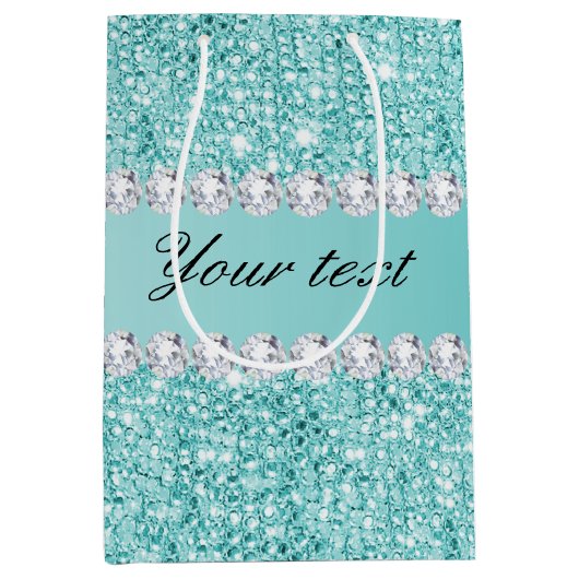 フェイクなティール（緑がかった色）のスパンコールおよびダイヤモンド ミディアムペーパーバッグ (正面)