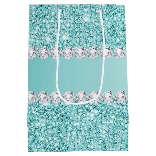 フェイクなティール（緑がかった色）のスパンコールおよびダイヤモンド ミディアムペーパーバッグ (裏面)