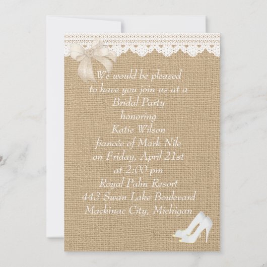 フェイクなバーラップのレースの結婚式のブライダルシャワーの招待状 招待状 (裏面)