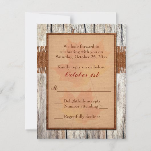 フェイクなバーラップ木はハートを応答カードを結婚することを去ります 出欠カード (裏面)