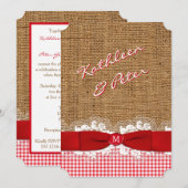 フェイクなバーラップ、レース、ギンガムの結婚式の招待-赤 招待状 (正面/裏面)