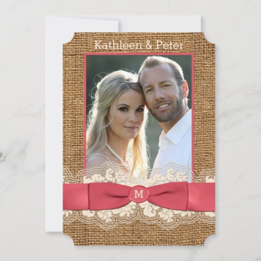 フェイクなバーラップ、レース、弓写真の結婚式の招待-ピンク 招待状 (正面)