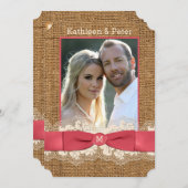 フェイクなバーラップ、レース、弓写真の結婚式の招待-ピンク 招待状 (正面/裏面)